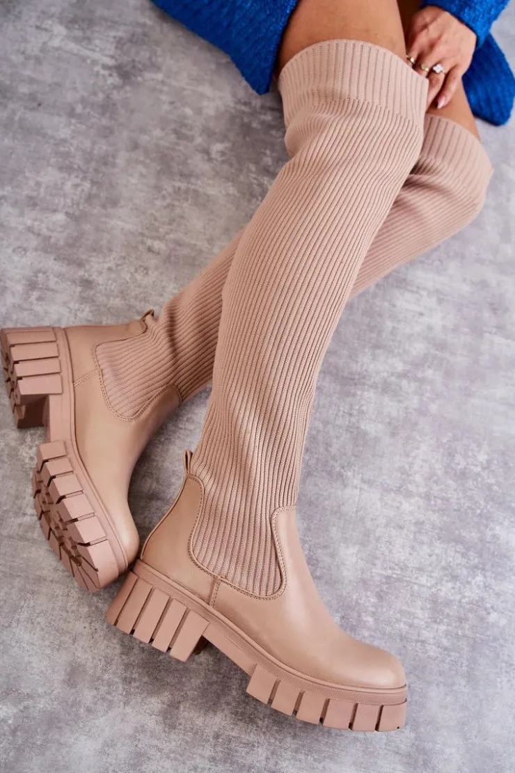 Boto Muszkieterki|Kozaki Wiosenne*Wysokie Damskie Kozaki Za Kolano Beżowe Austin Beżowy