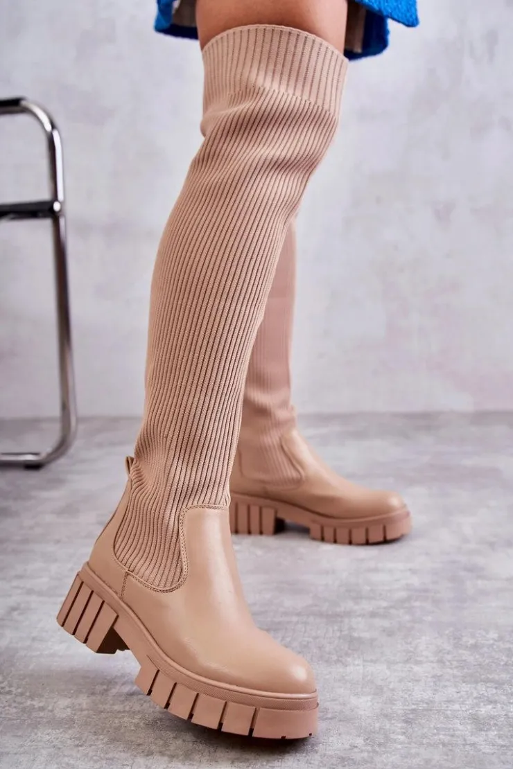 Boto Muszkieterki|Kozaki Wiosenne*Wysokie Damskie Kozaki Za Kolano Beżowe Austin Beżowy