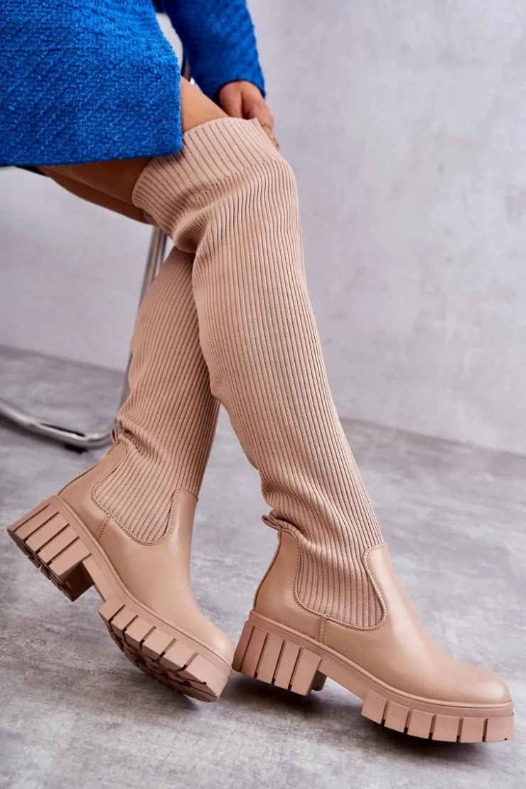 Boto Muszkieterki|Kozaki Wiosenne*Wysokie Damskie Kozaki Za Kolano Beżowe Austin Beżowy