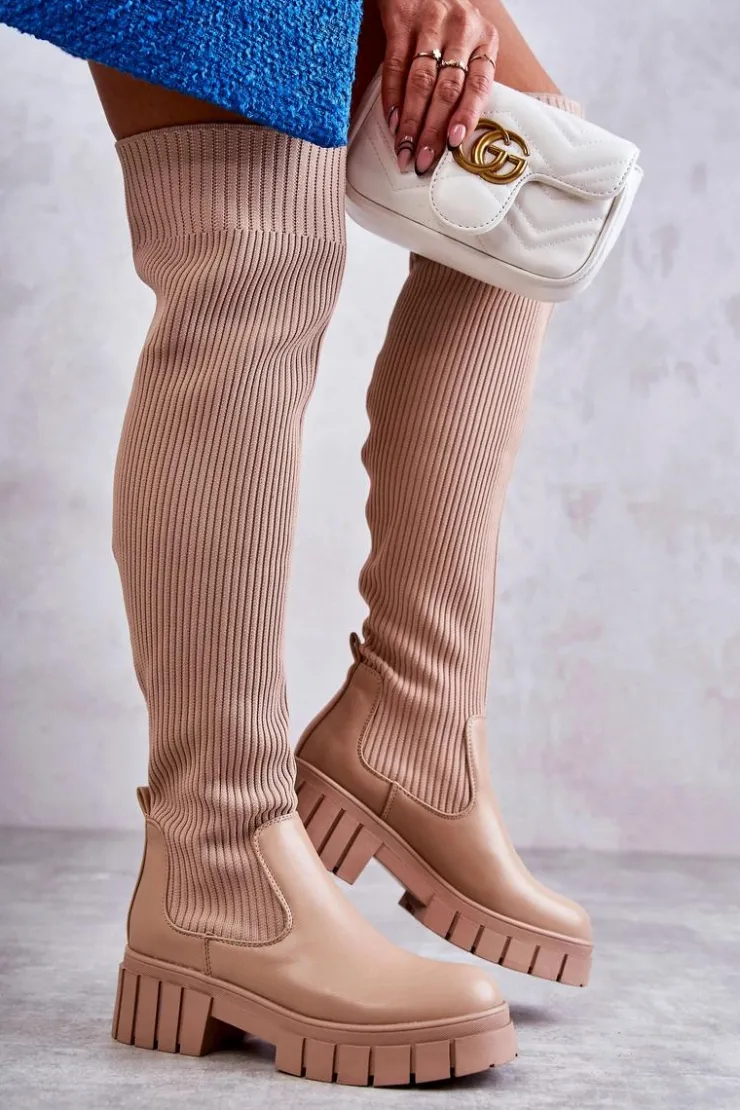 Boto Muszkieterki|Kozaki Wiosenne*Wysokie Damskie Kozaki Za Kolano Beżowe Austin Beżowy