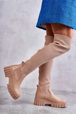 Boto Muszkieterki|Kozaki Wiosenne*Wysokie Damskie Kozaki Za Kolano Beżowe Austin Beżowy