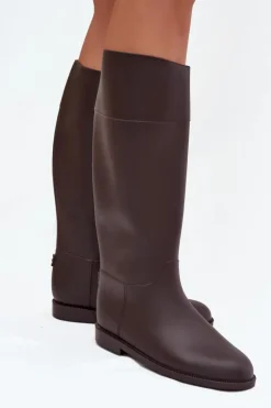 Damskie Boto Wysokie Kalosze Damskie Na Płaskim Obcasie Czekoladowe Melianne