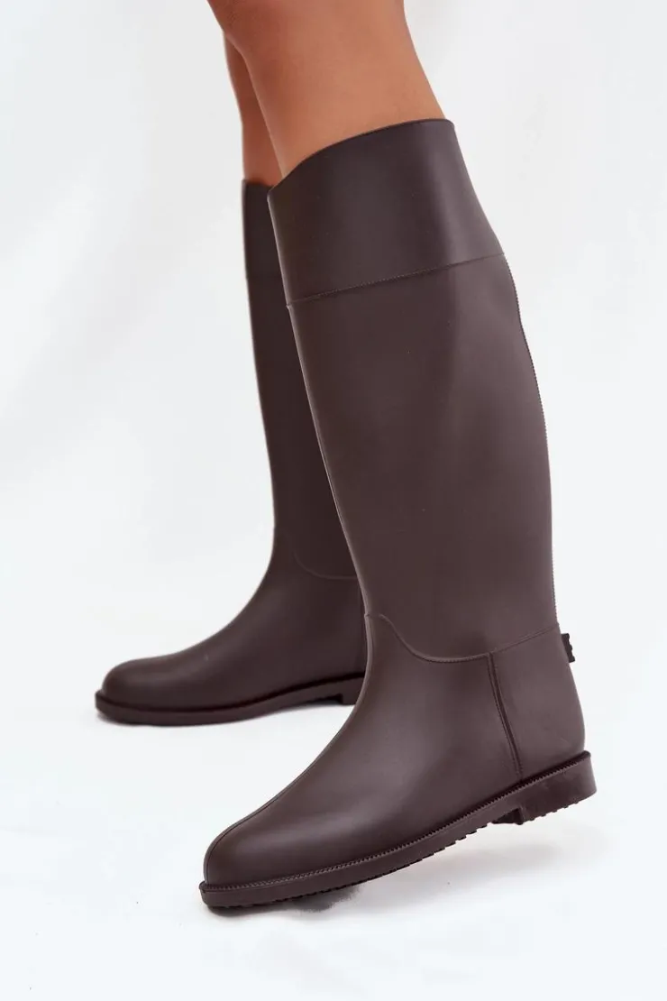 Damskie Boto Wysokie Kalosze Damskie Na Płaskim Obcasie Czekoladowe Melianne