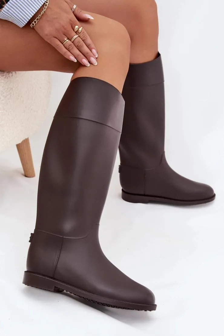 Damskie Boto Wysokie Kalosze Damskie Na Płaskim Obcasie Czekoladowe Melianne