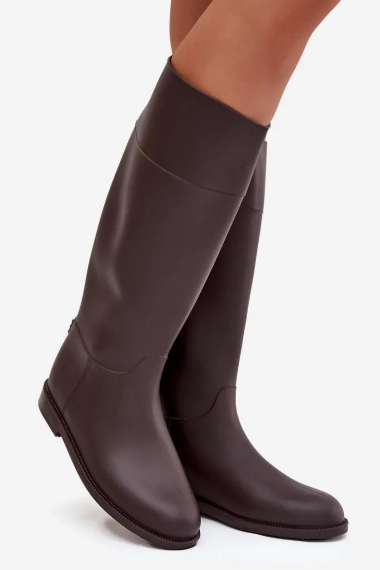 Damskie Boto Wysokie Kalosze Damskie Na Płaskim Obcasie Czekoladowe Melianne