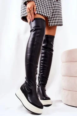 Damskie Boto Wysokie Kozaki Na Platformie Czarne Nellie
