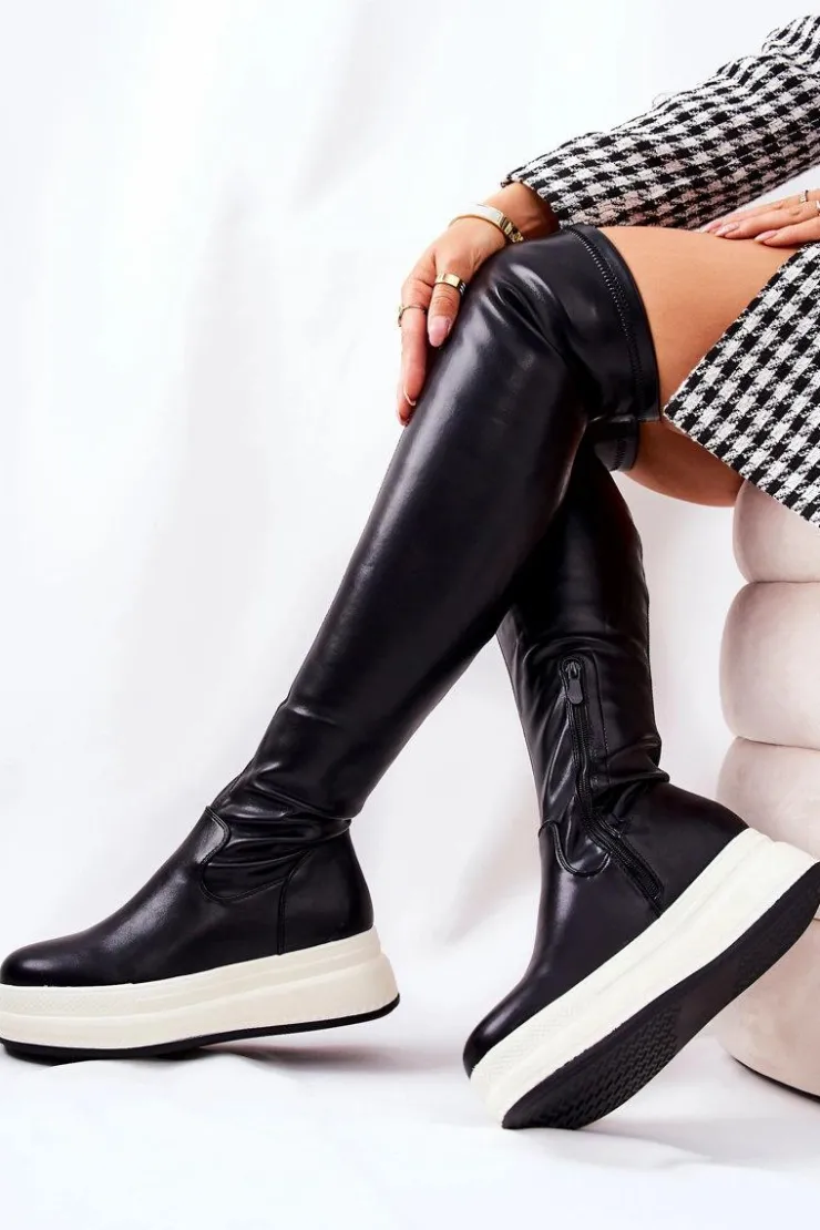 Damskie Boto Wysokie Kozaki Na Platformie Czarne Nellie