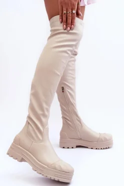 Boto Muszkieterki|Kozaki Za Kolano*Wysokie Kozaki Na Suwak Beżowe Dudesa