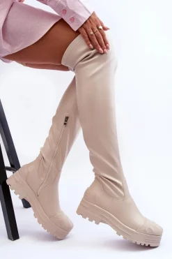 Boto Muszkieterki|Kozaki Za Kolano*Wysokie Kozaki Na Suwak Beżowe Dudesa