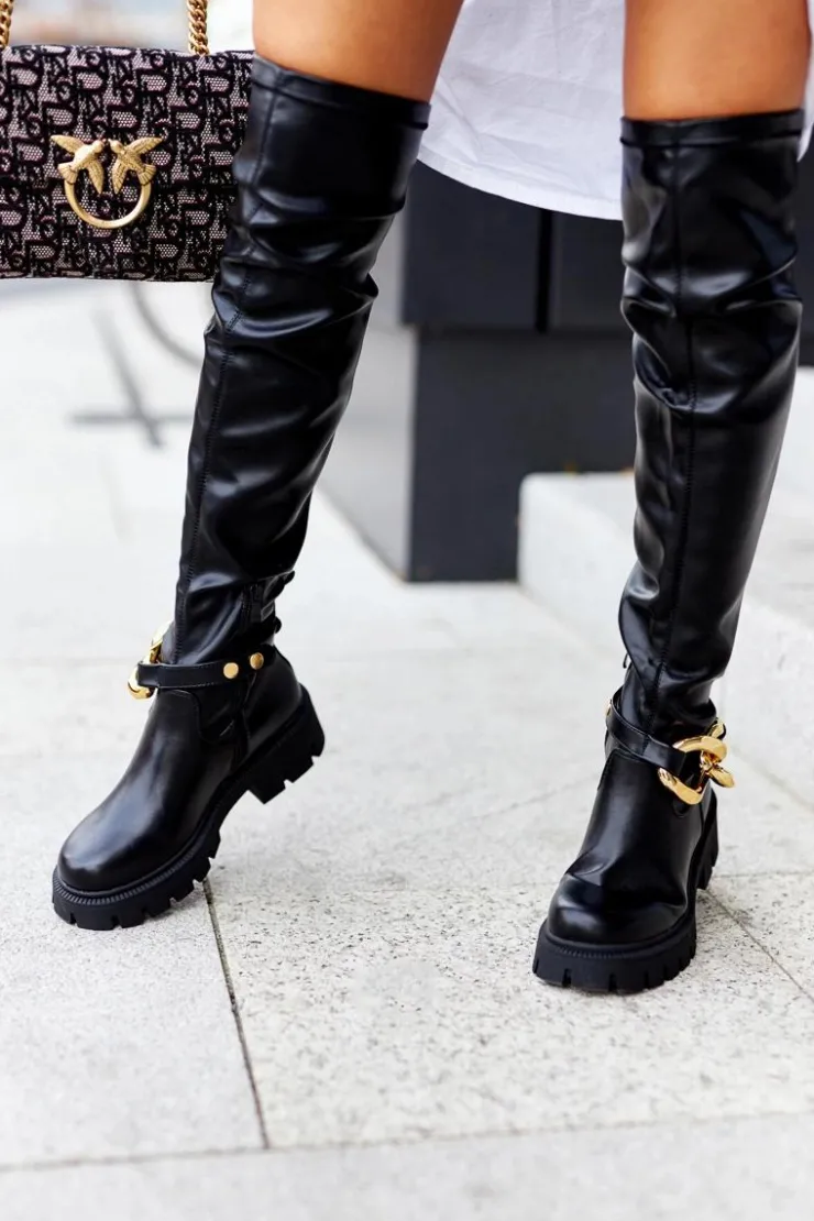 Boto Kozaki Płaskie*Wysokie Kozaki Z Ozdobnym Elementem Czarne Masha