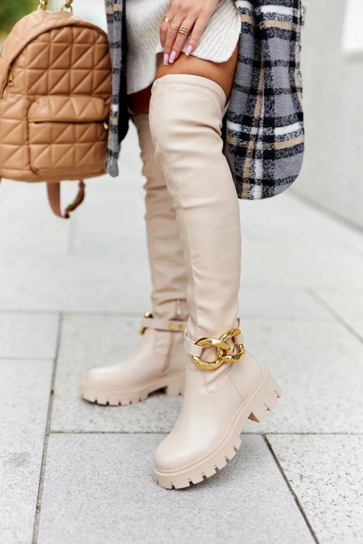 Hot Boto Wysokie Kozaki Z Ozdobnym Elementem Beżowe Masha