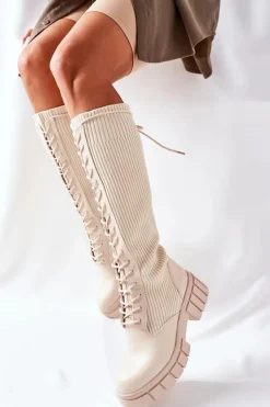 Outlet Boto Wysokie Kozaki ze Skarpetą Beżowe Monteri