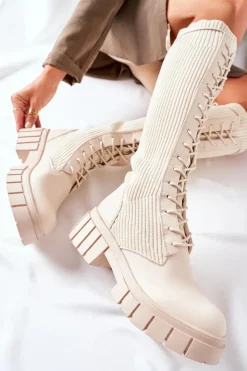 Outlet Boto Wysokie Kozaki ze Skarpetą Beżowe Monteri