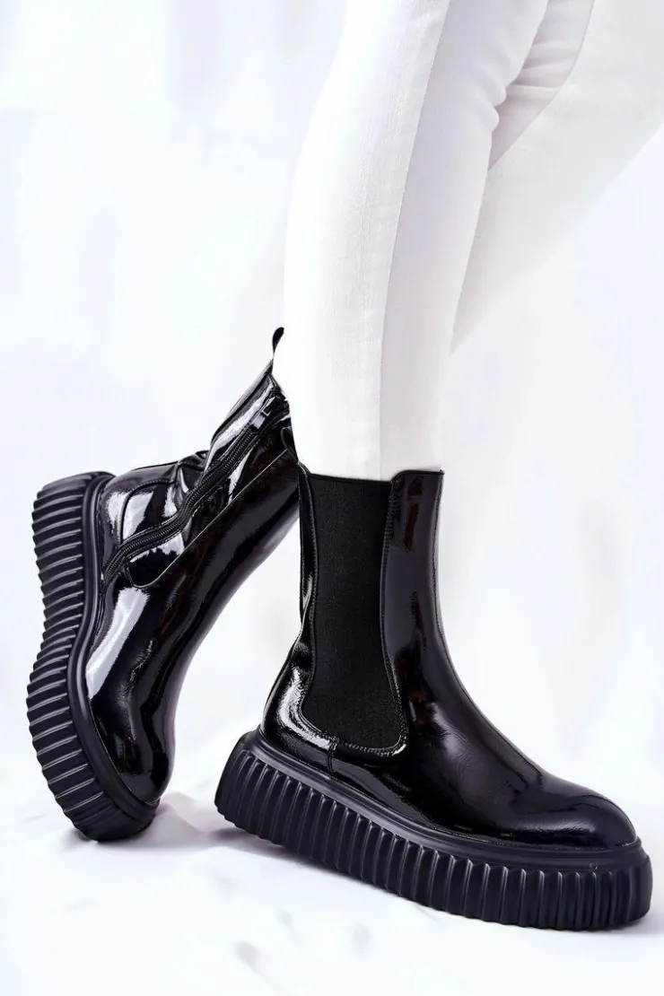 Boto Botki Ocieplane|Czarne Botki*Wysokie Lakierowane Botki Na Platformie Czarne Sereia