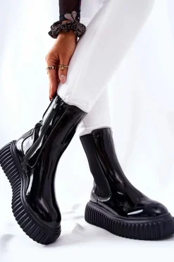 Boto Botki Ocieplane|Czarne Botki*Wysokie Lakierowane Botki Na Platformie Czarne Sereia