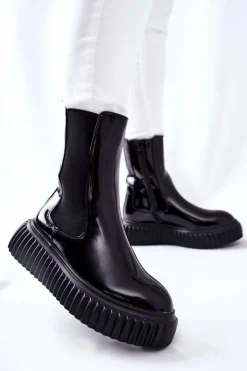 Boto Botki Ocieplane|Czarne Botki*Wysokie Lakierowane Botki Na Platformie Czarne Sereia