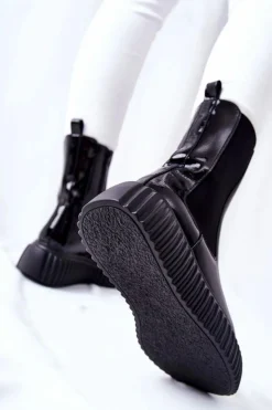 Boto Botki Ocieplane|Czarne Botki*Wysokie Lakierowane Botki Na Platformie Czarne Sereia