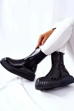 Boto Botki Ocieplane|Czarne Botki*Wysokie Lakierowane Botki Na Platformie Czarne Sereia