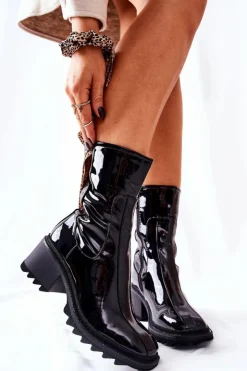 Boto Botki Na Słupku|Czarne Botki*Wysokie Lakierowane Botki Na Obcasie Czarne Merelien