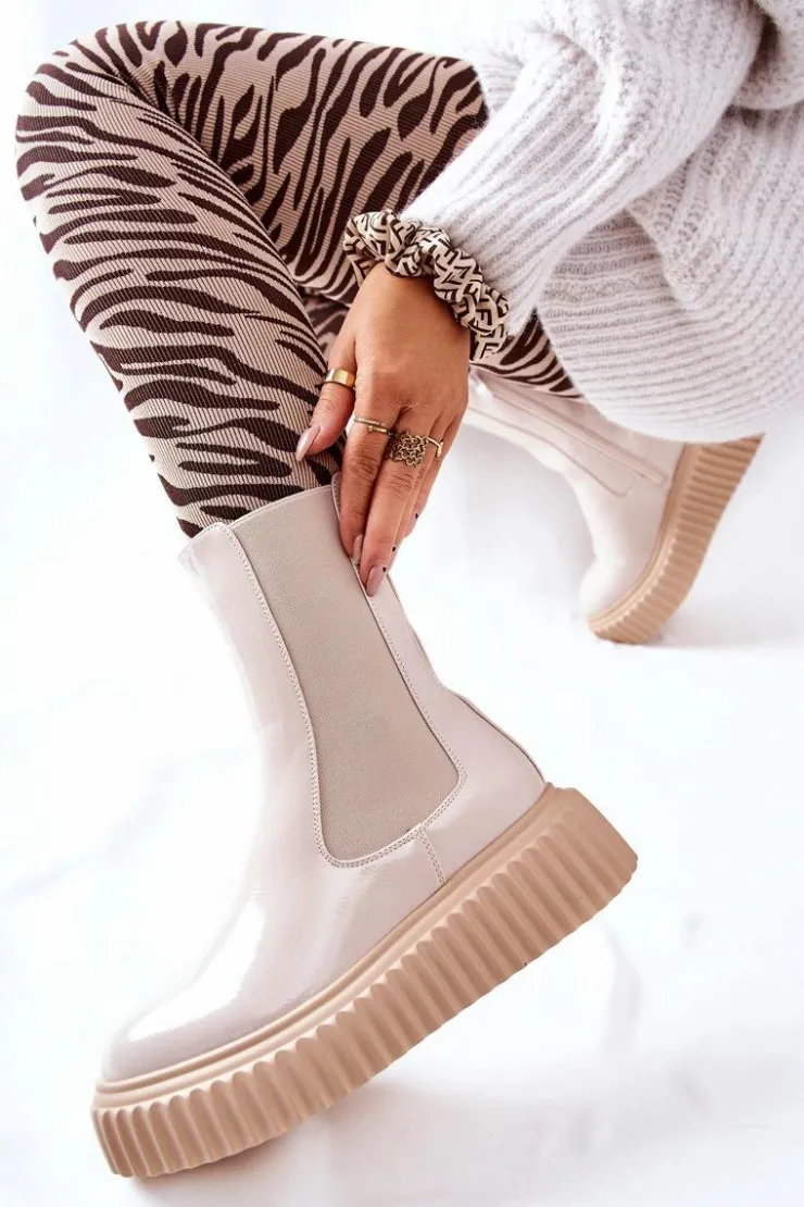 Boto Botki Ocieplane|Czarne Botki*Wysokie Lakierowane Botki Na Platformie Beżowe Sereia Beżowy