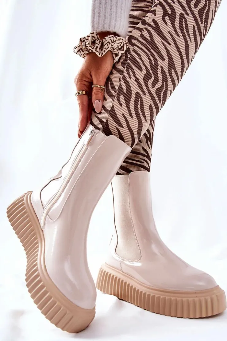 Boto Botki Ocieplane|Czarne Botki*Wysokie Lakierowane Botki Na Platformie Beżowe Sereia Beżowy