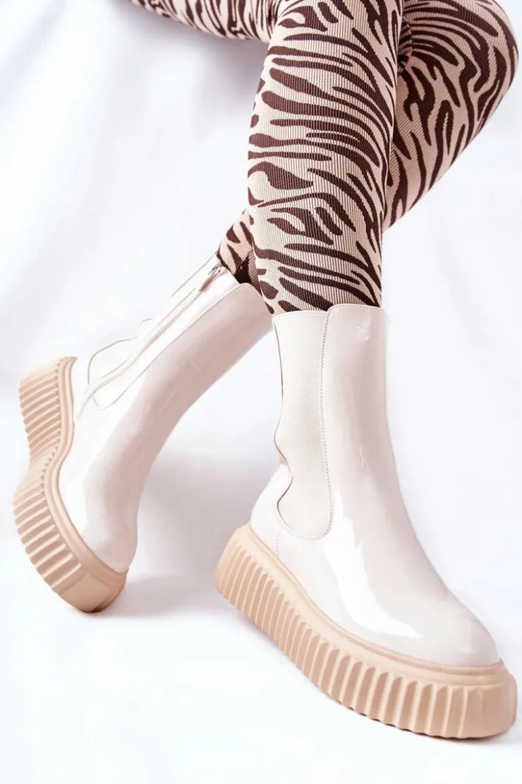 Boto Botki Ocieplane|Czarne Botki*Wysokie Lakierowane Botki Na Platformie Beżowe Sereia Beżowy