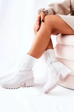 Damskie Boto Wysokie Lakierowane Botki Na Obcasie Białe Merelien