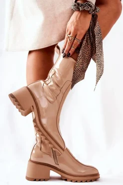 Online Boto Wysokie Lakierowane Botki Na Obcasie Beżowe Merelien