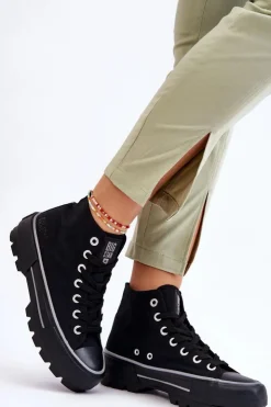 Discount Big Star Shoes Wysokie Materiałowe Trampki Na Platformie Big Star LL274155 Czarne