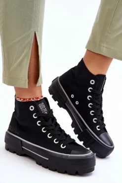 Discount Big Star Shoes Wysokie Materiałowe Trampki Na Platformie Big Star LL274155 Czarne