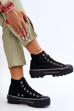 Discount Big Star Shoes Wysokie Materiałowe Trampki Na Platformie Big Star LL274155 Czarne