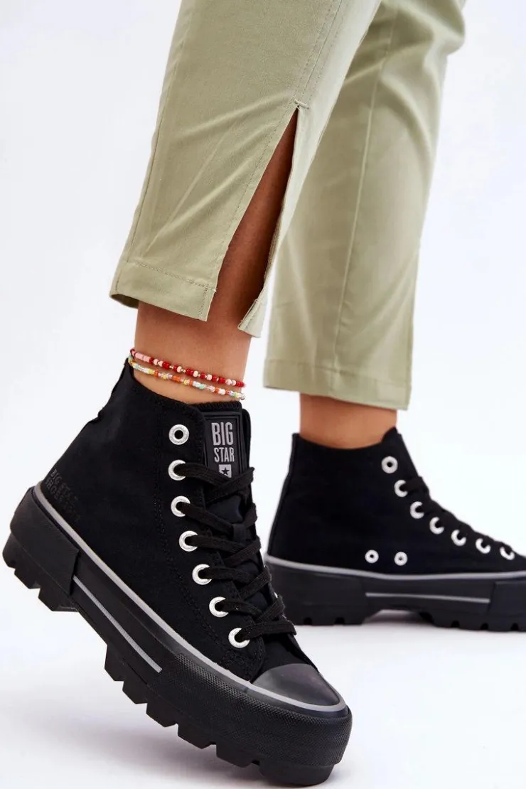 Discount Big Star Shoes Wysokie Materiałowe Trampki Na Platformie Big Star LL274155 Czarne
