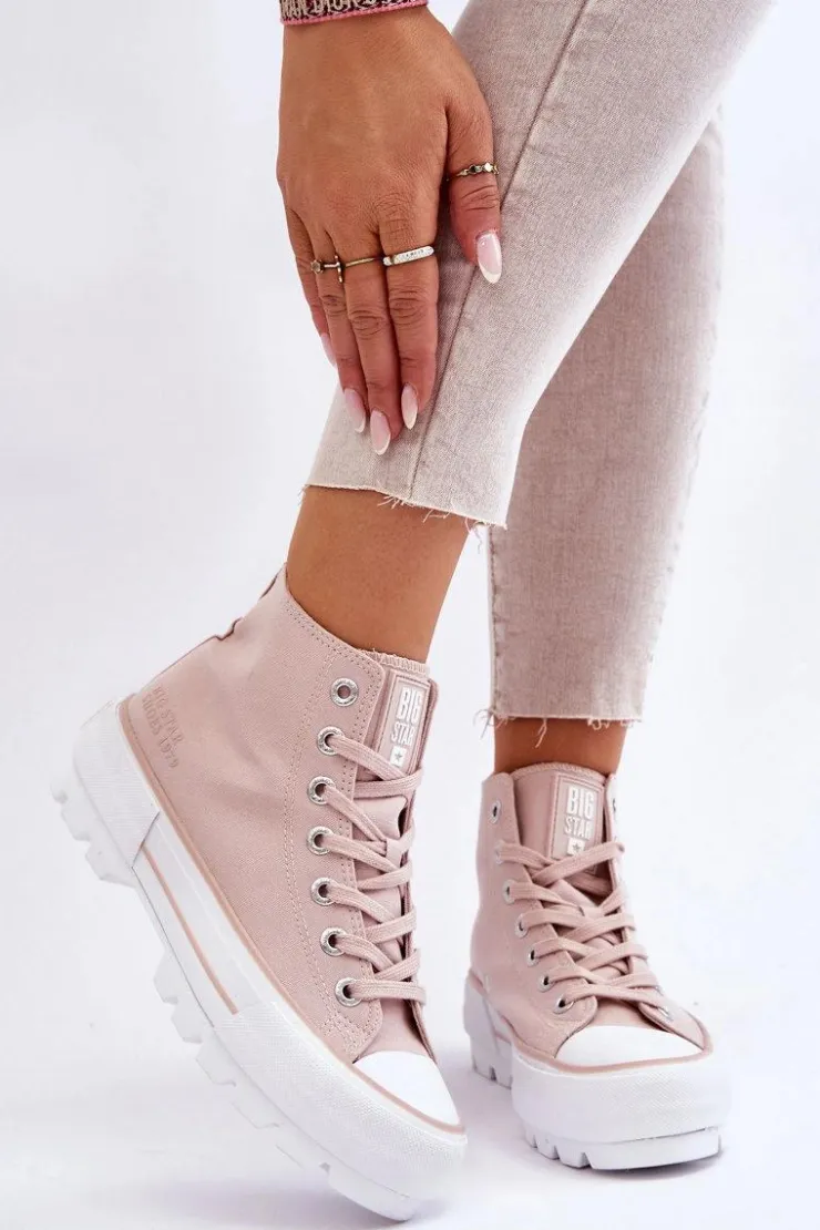 Clearance Big Star Shoes Wysokie Materiałowe Trampki Na Platformie Big Star LL274157 Nude Różowy