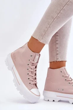Clearance Big Star Shoes Wysokie Materiałowe Trampki Na Platformie Big Star LL274157 Nude Różowy