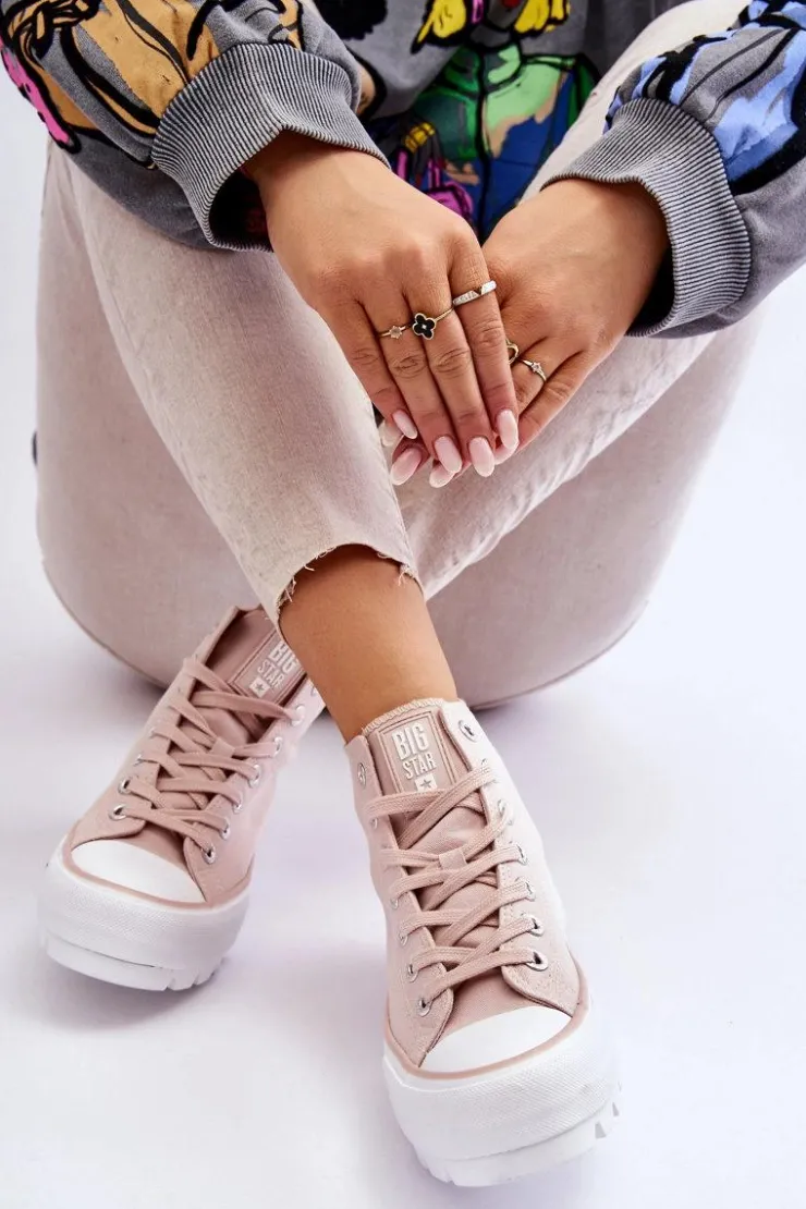 Clearance Big Star Shoes Wysokie Materiałowe Trampki Na Platformie Big Star LL274157 Nude Różowy