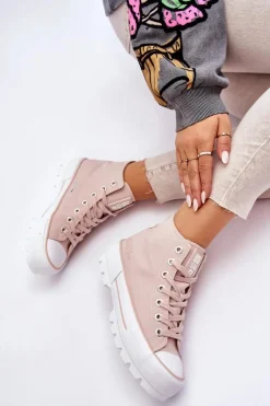 Clearance Big Star Shoes Wysokie Materiałowe Trampki Na Platformie Big Star LL274157 Nude Różowy