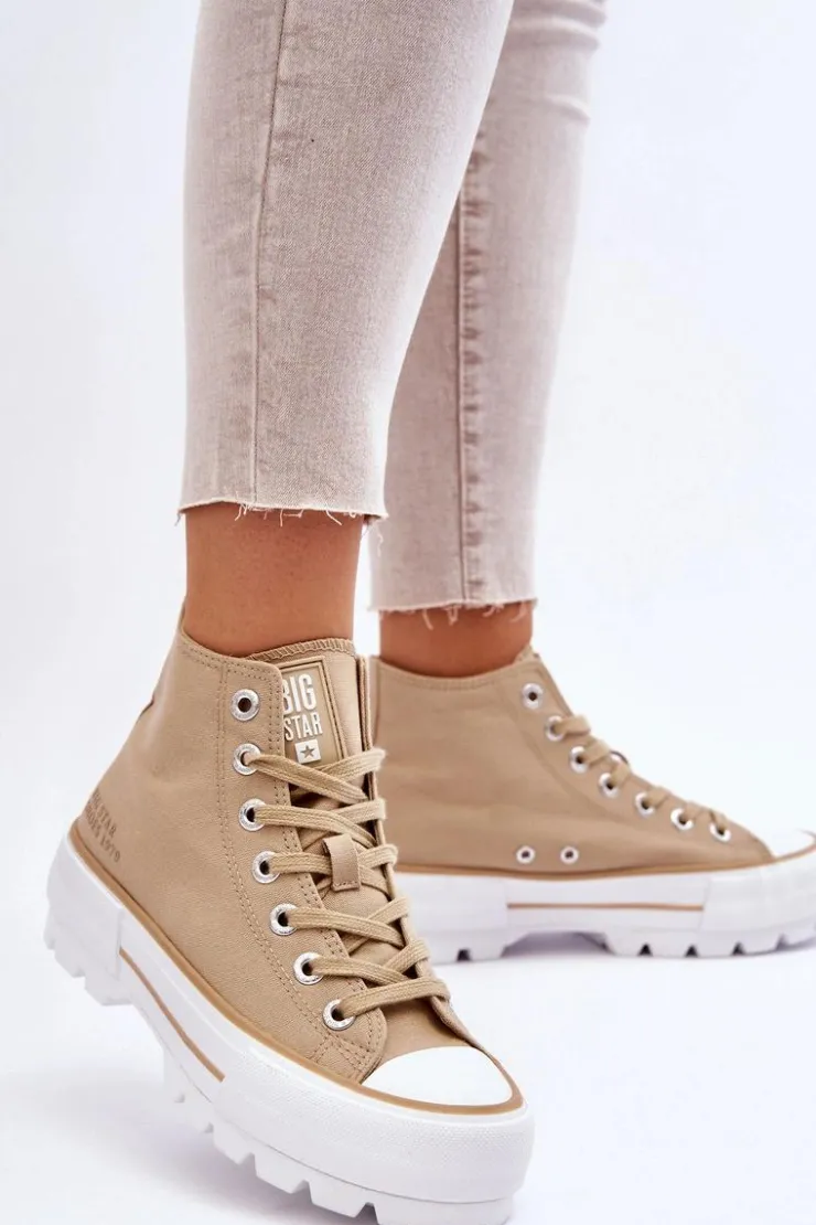 Damskie Big Star Shoes Wysokie Materiałowe Trampki Na Platformie Big Star LL274160 Beżowe