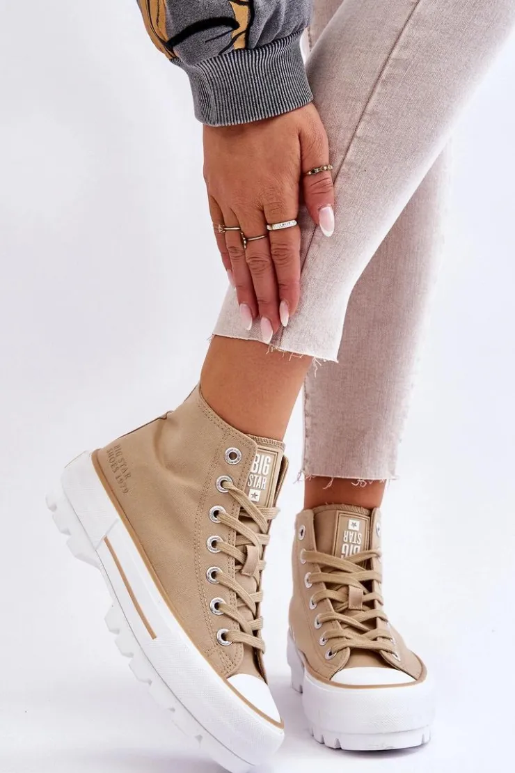 Damskie Big Star Shoes Wysokie Materiałowe Trampki Na Platformie Big Star LL274160 Beżowe