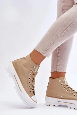 Damskie Big Star Shoes Wysokie Materiałowe Trampki Na Platformie Big Star LL274160 Beżowe