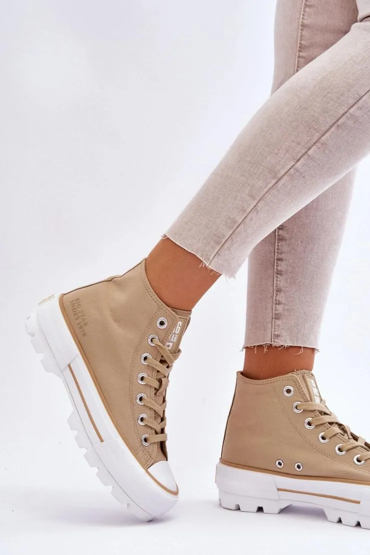 Damskie Big Star Shoes Wysokie Materiałowe Trampki Na Platformie Big Star LL274160 Beżowe