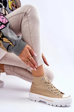 Damskie Big Star Shoes Wysokie Materiałowe Trampki Na Platformie Big Star LL274160 Beżowe