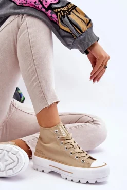 Damskie Big Star Shoes Wysokie Materiałowe Trampki Na Platformie Big Star LL274160 Beżowe