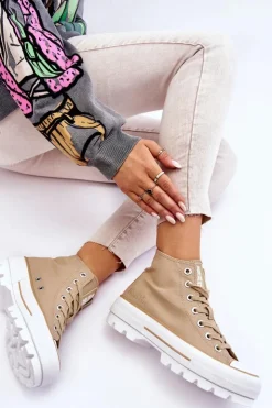 Damskie Big Star Shoes Wysokie Materiałowe Trampki Na Platformie Big Star LL274160 Beżowe