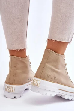 Damskie Big Star Shoes Wysokie Materiałowe Trampki Na Platformie Big Star LL274160 Beżowe