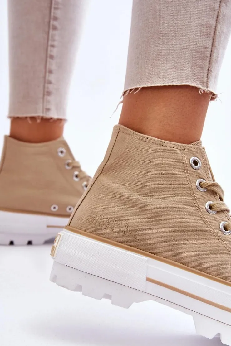 Damskie Big Star Shoes Wysokie Materiałowe Trampki Na Platformie Big Star LL274160 Beżowe