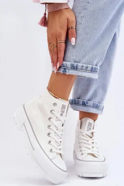 Best Big Star Shoes Wysokie Materiałowe Trampki Na Platformie Big Star LL274156 Białe Biały