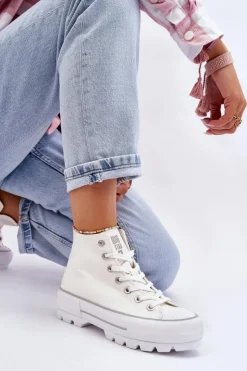 Best Big Star Shoes Wysokie Materiałowe Trampki Na Platformie Big Star LL274156 Białe Biały