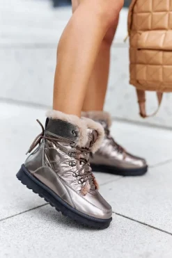 Damskie Boto Wysokie Śniegowce Ocieplane Futerkiem Złote Sneezy