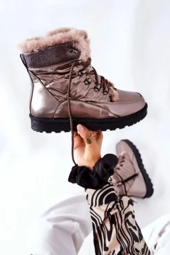 Damskie Boto Wysokie Śniegowce Ocieplane Futerkiem Złote Sneezy