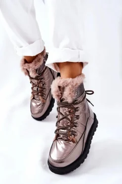 Damskie Boto Wysokie Śniegowce Ocieplane Futerkiem Złote Sneezy